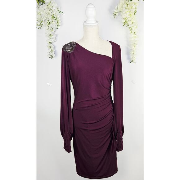 David Meister Size 6 Plum Cocktail Dress Ruched Midi Dress Beaded Elegant Party - Picture 2 of 15